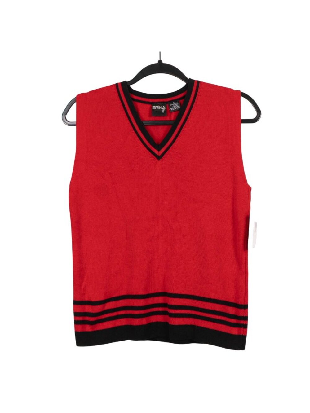 Erika VTG Sweater Vest S VNeck Red Black Trim Old Money Academic Classic Stretch